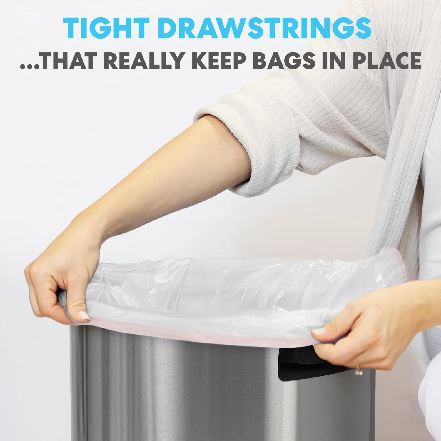 SIMPLI-MAGIC 17 Gallon Drawstring Trash Bags. 120 Pack – Tall Kitchen Garbage Bags. Custom Made with Premium Materials (White)