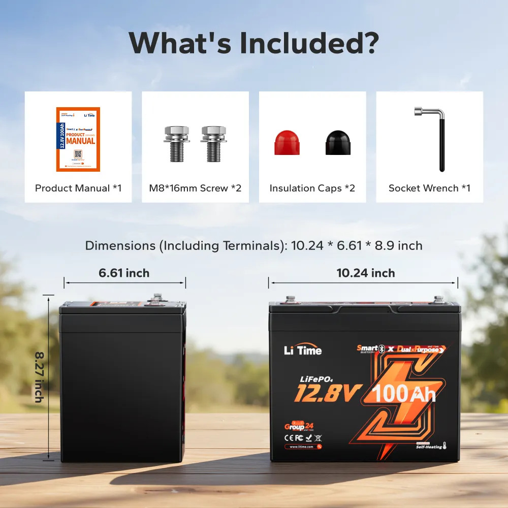 LiTime 12V 100Ah 900 CCA Group 24 Dual Purpose Marine Lithium Battery | Bluetooth & Auto Heating