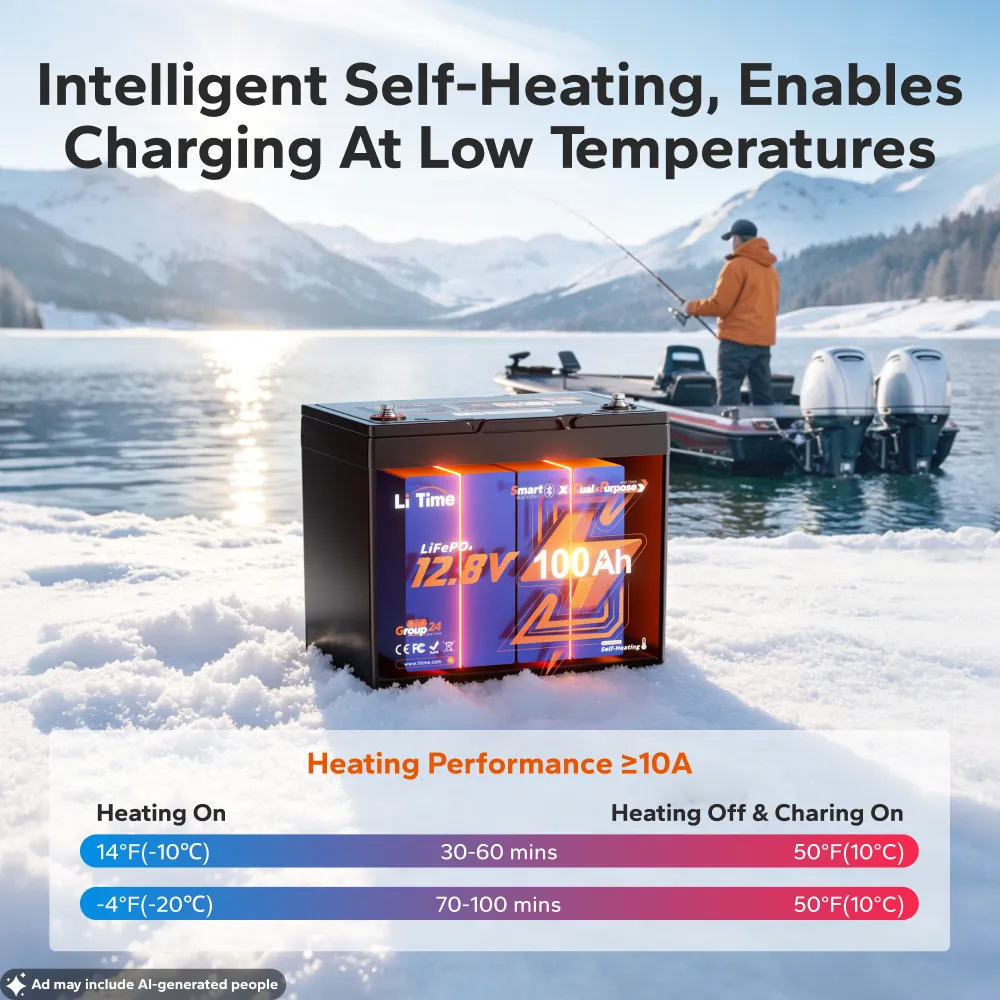 LiTime 12V 100Ah 900 CCA Group 24 Dual Purpose Marine Lithium Battery | Bluetooth & Auto Heating