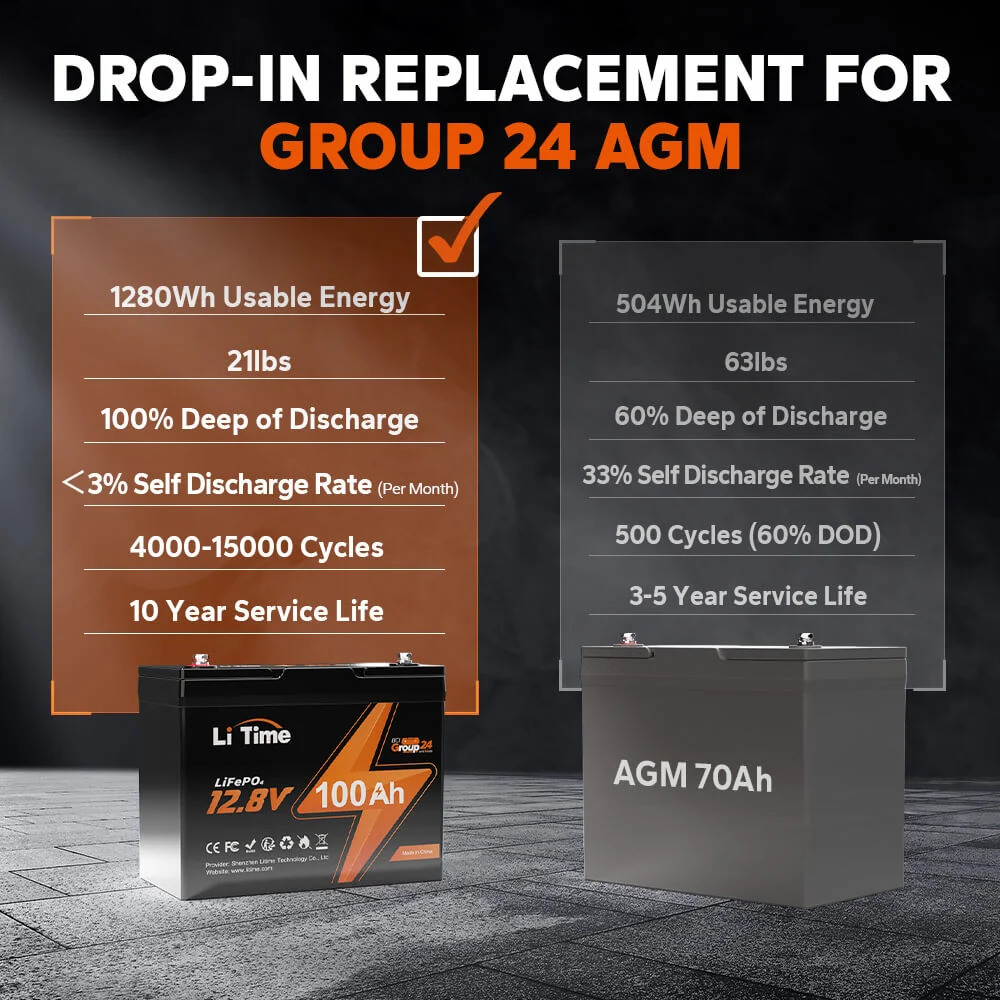 LiTime 12V 100Ah Group 24 Deep Cycle LiFePO4 Lithium Battery