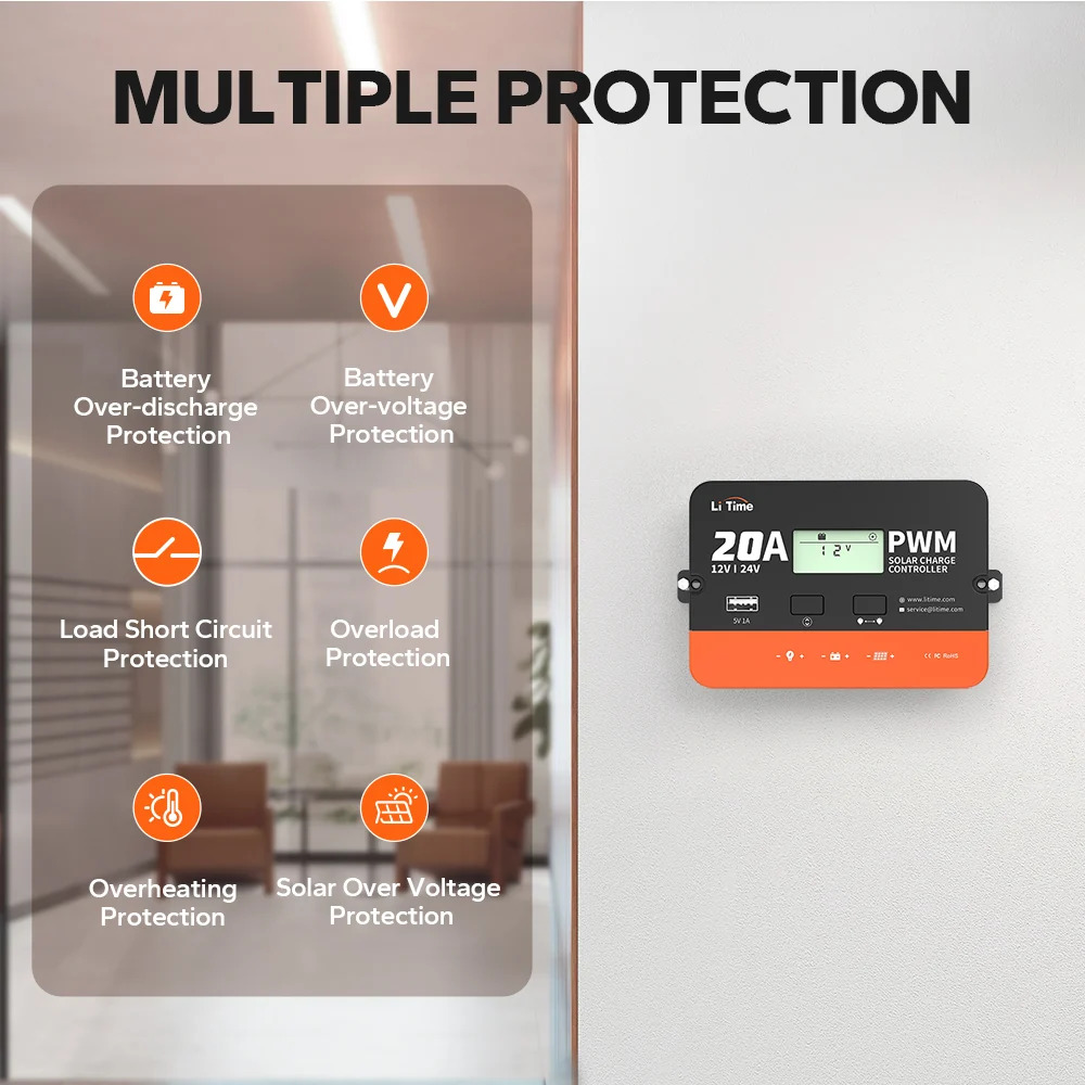 LiTime 20Amp 12V/24V PWM Solar Charge Controller