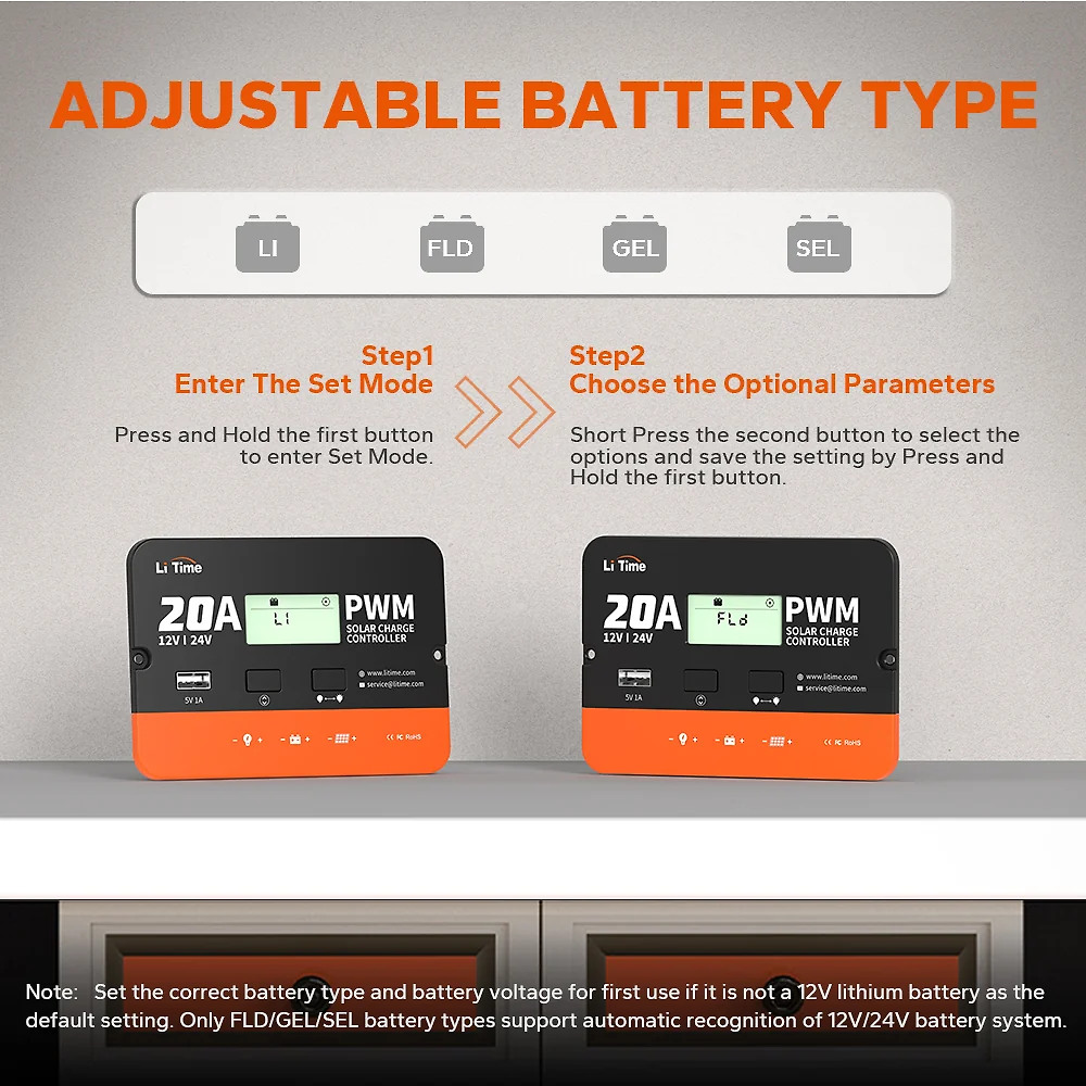 LiTime 20Amp 12V/24V PWM Solar Charge Controller
