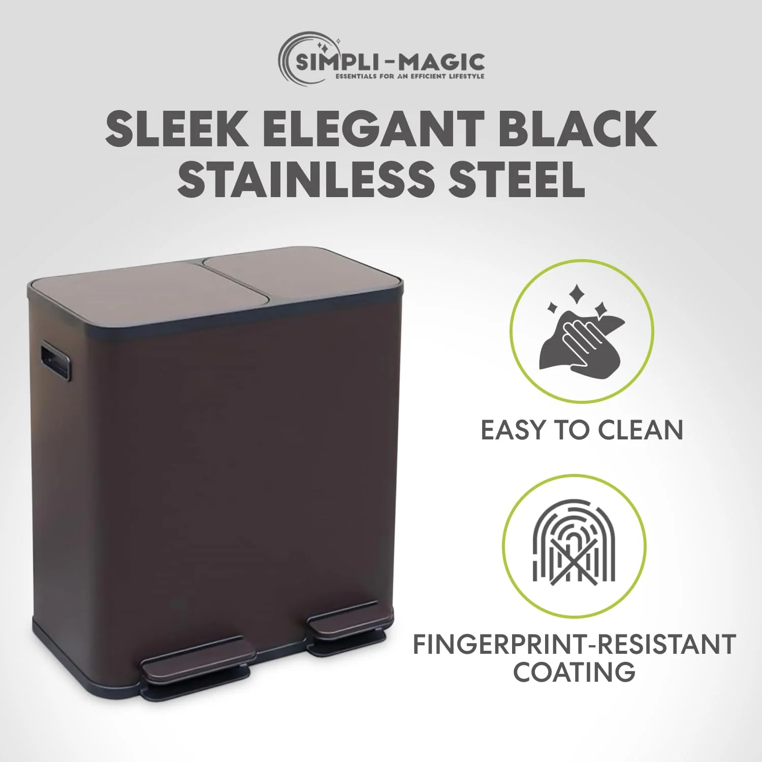 70 Liter / 18.5 Gallon Dual Compartment Recycling Trash Can – Hands-Free Kitchen Step Bin with Soft-Close Lid. Odor Filter. Stainless Steel Foot Pedal. Black Finish (40L + 30L). Brown