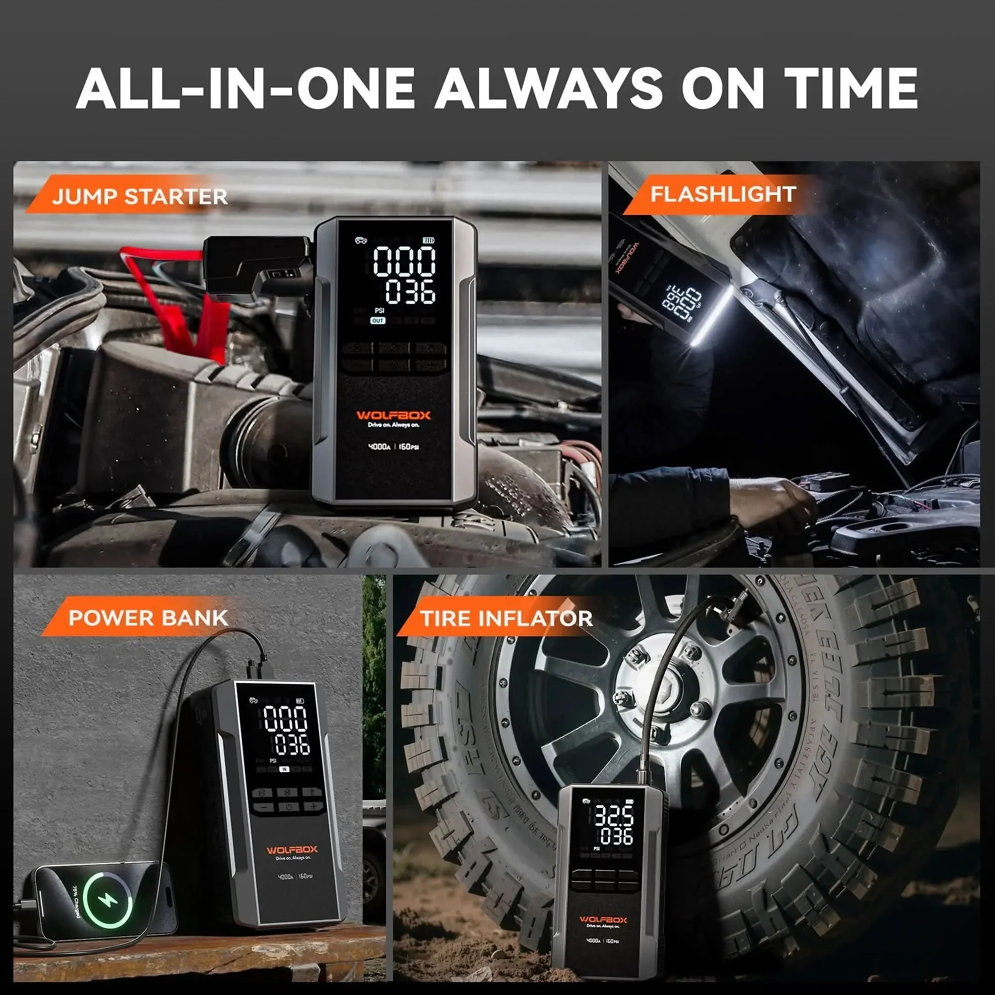 4-in-1 Jump Starter with Air Compressor Tire Inflator | Exclusive 30-Month Warranty – Wolfbox MegaVolt 24Air