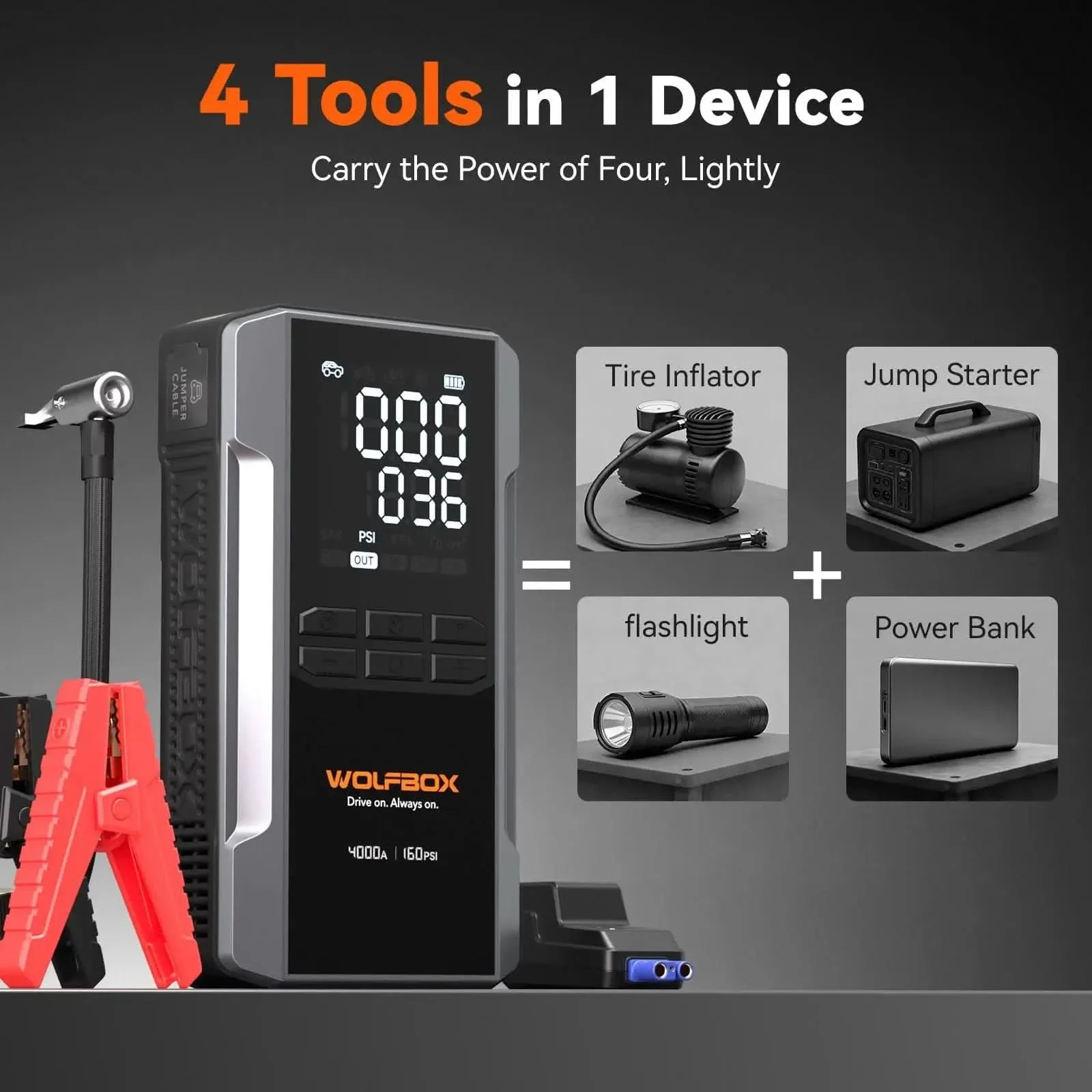 4-in-1 Jump Starter with Air Compressor Tire Inflator | Exclusive 30-Month Warranty – Wolfbox MegaVolt 24Air