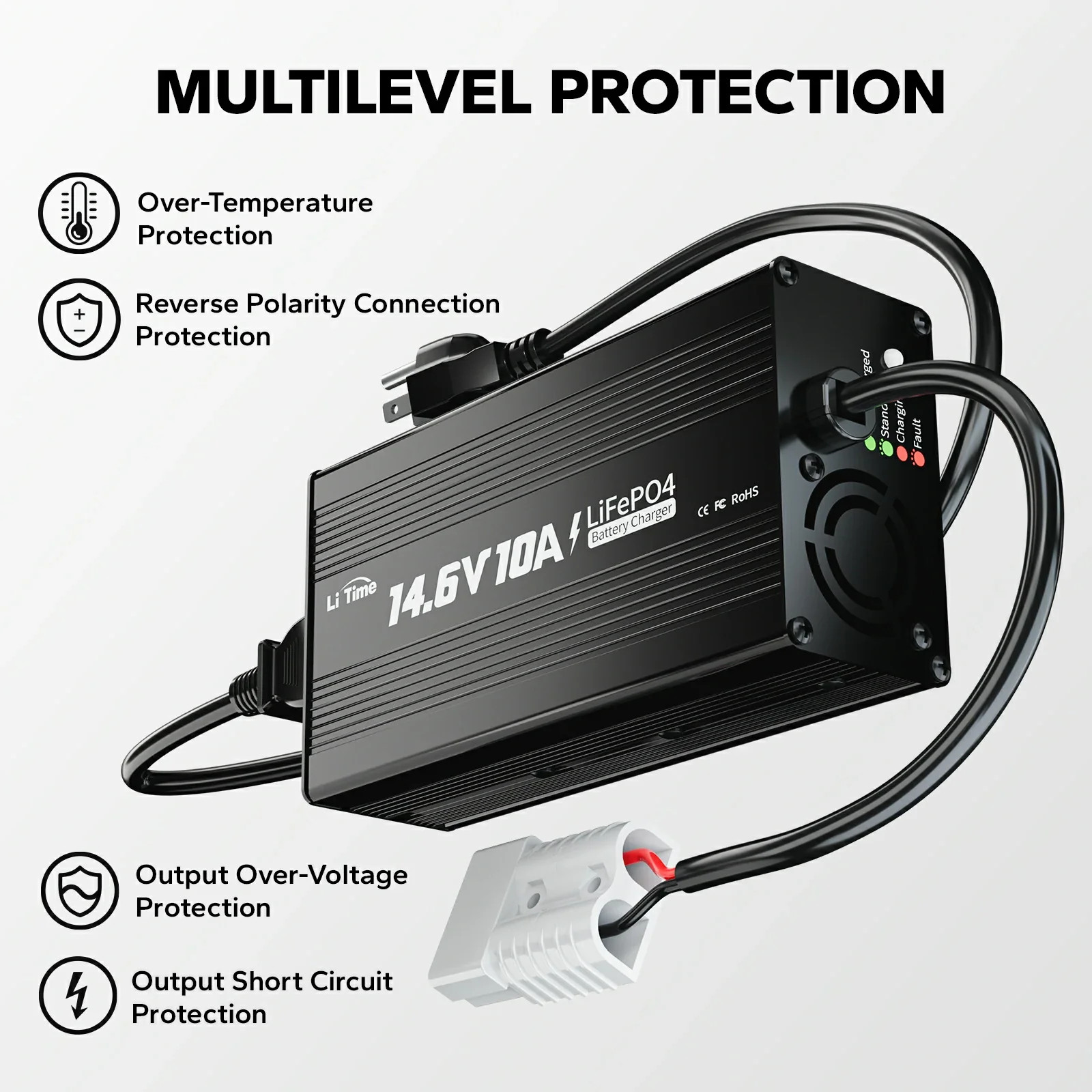 LiTime 12V (14.6V) 10A LiFePO4 Battery Charger Rechargeable Batteries of Car. Truck. Boat. RV