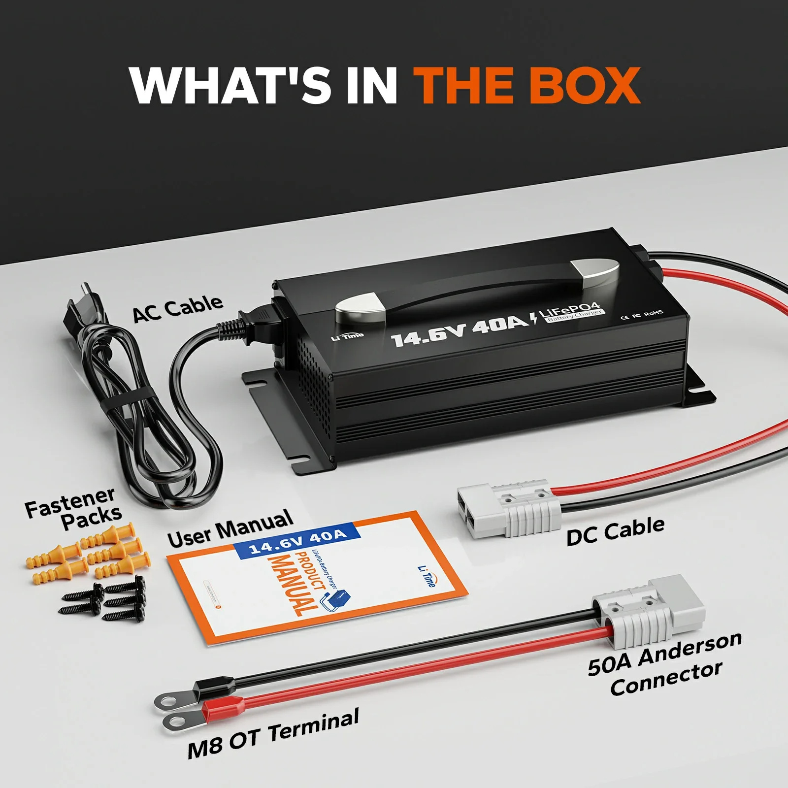 LiTime 12V (14.6V) 40A Mountable Lithium Battery Charger with Handle