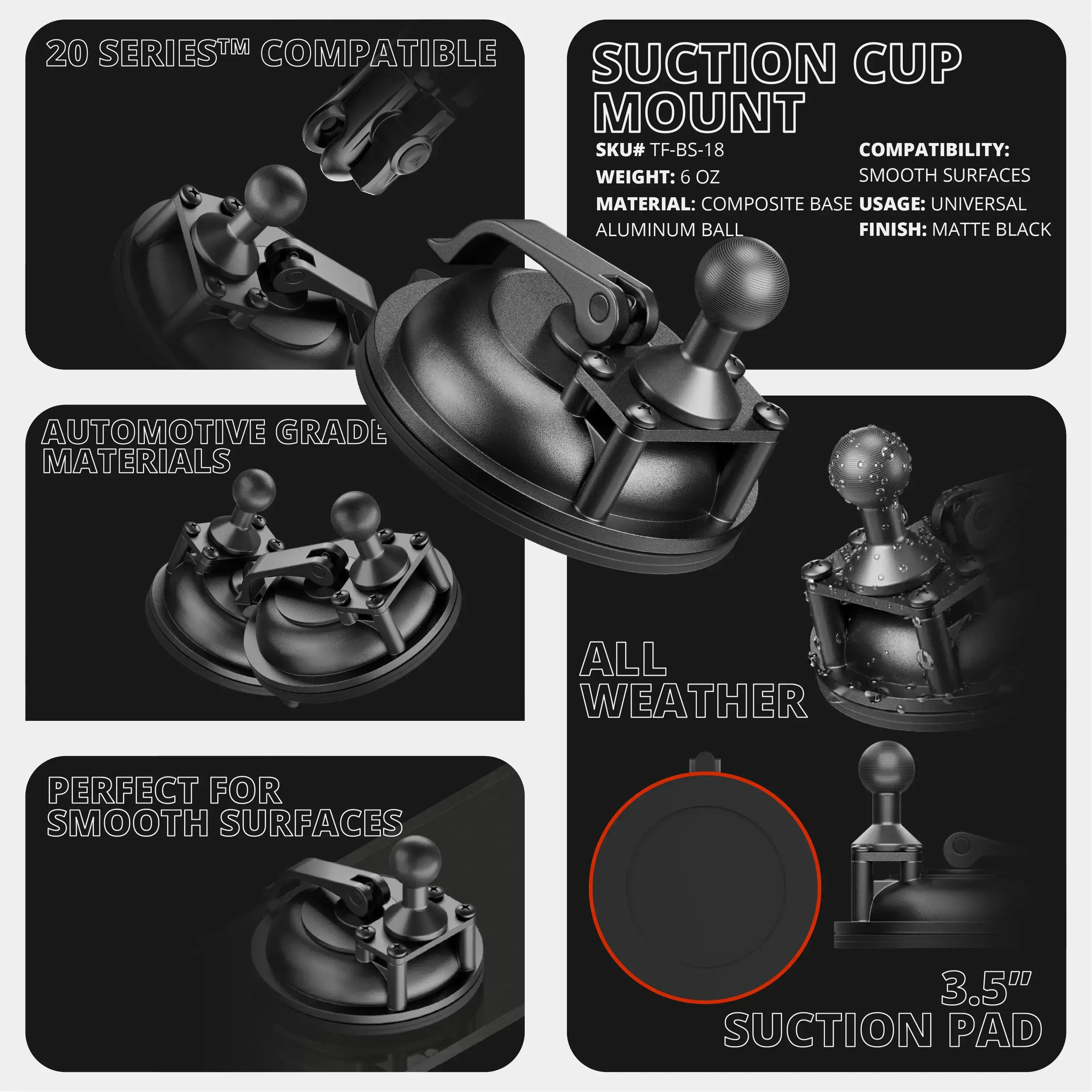 20 Series Windshield Suction Cup Phone Mount | Rigid Flex Arm in 10 and 14 Lengths