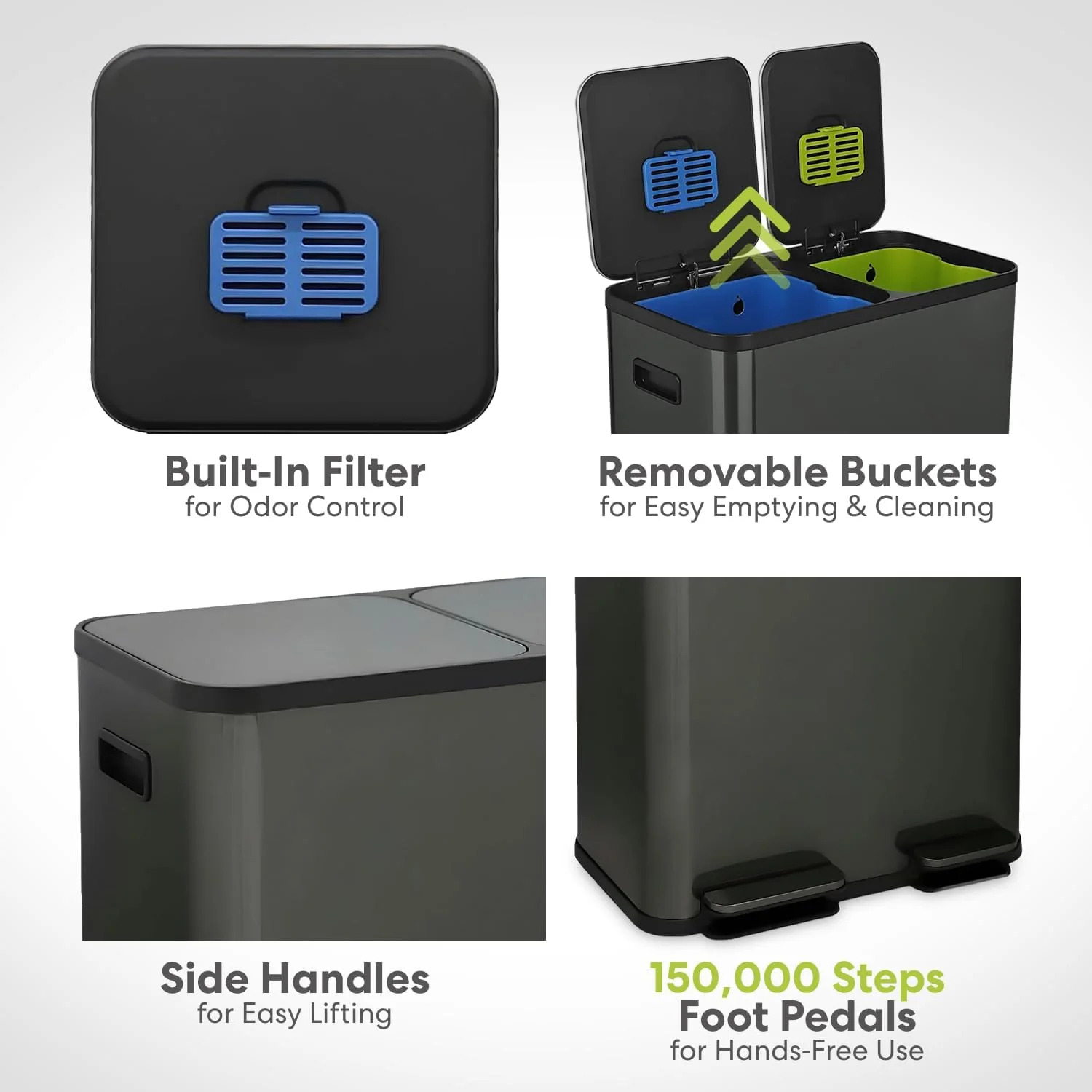 70 Liter / 18.5 Gallon Dual Compartment Recycling Trash Can – Hands-Free Kitchen Step Bin with Soft-Close Lid. Odor Filter. Stainless Steel Foot Pedal. Black Finish (40L + 30L) Elegant Black Finish