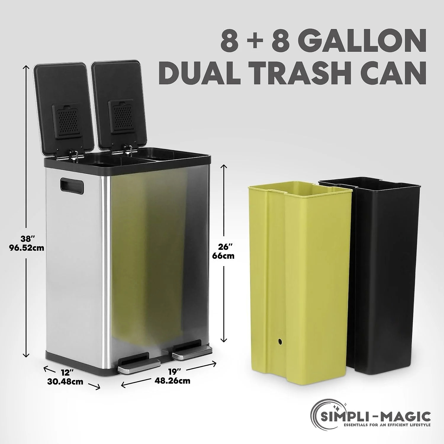SIMPLI-MAGIC 16 Gallon (30L x 30L) Dual Compartment Step Trash Can – Kitchen Garbage Can With Slow-Close Lids – Waste & Recycling Bins. Odor Control. Hands-Free. Easy to Clean. Stainless Steel