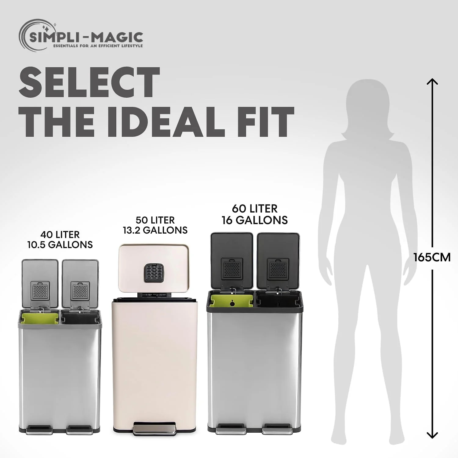 SIMPLI-Magic 13.2 Gallon/50 Liter. Kitchen Trash Can. Stainless Steel. Step-On Garbage Bin with Removable Inner Bucket for Kitchen. Office. and Bedroom. White