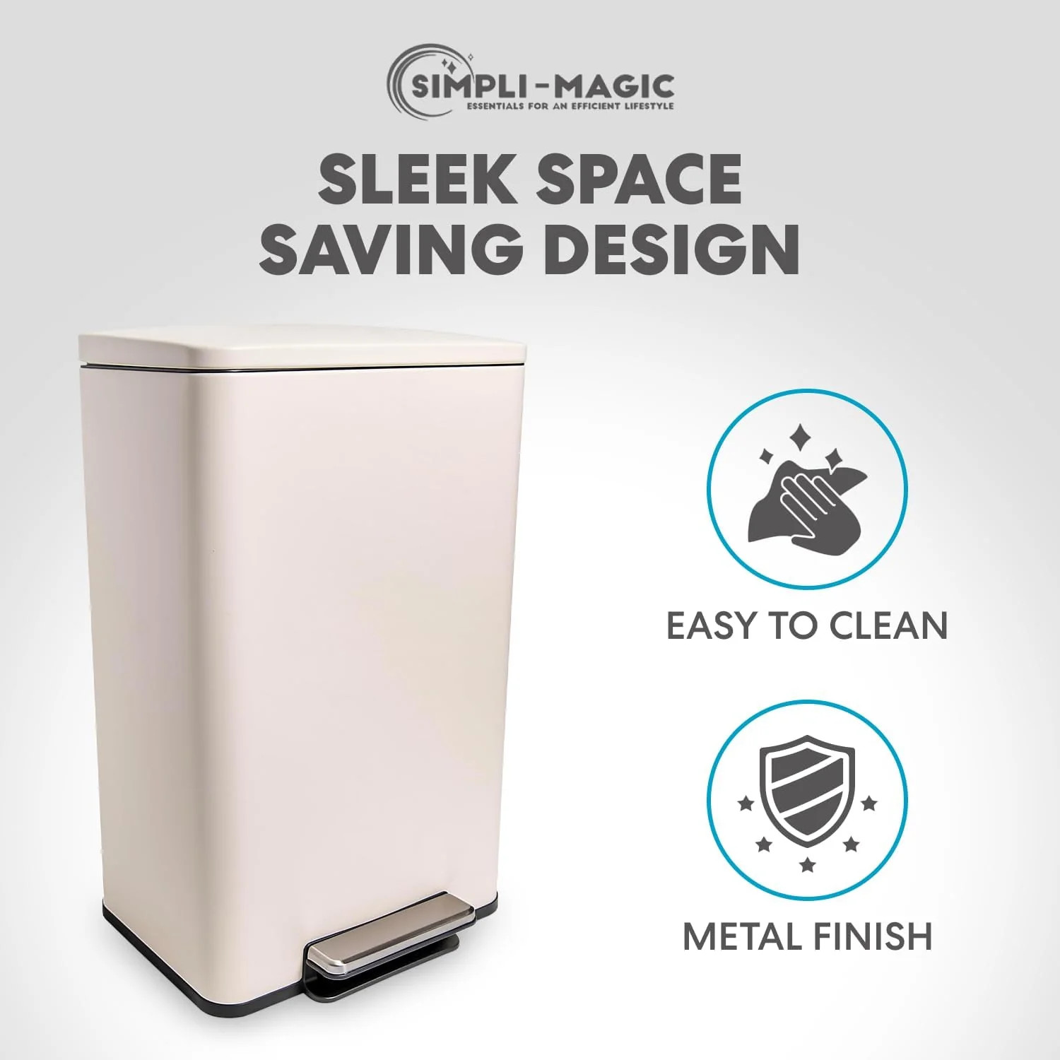 SIMPLI-Magic 13.2 Gallon/50 Liter. Kitchen Trash Can. Stainless Steel. Step-On Garbage Bin with Removable Inner Bucket for Kitchen. Office. and Bedroom. White