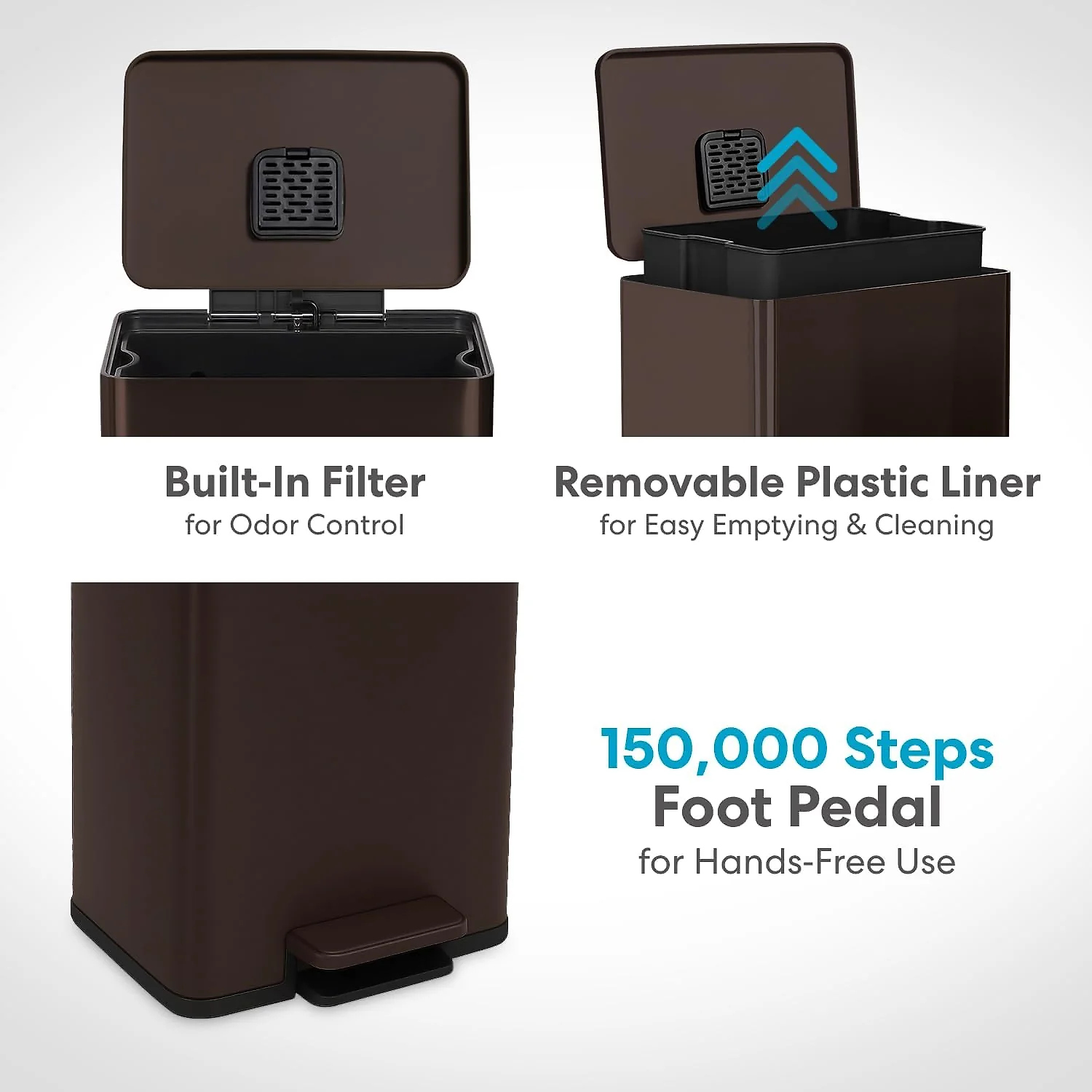 SIMPLI-Magic 13.2 Gallon/50 Liter. Kitchen Trash Can. Stainless Steel. Step-On Garbage Bin with Removable Inner Bucket for Kitchen. Office. and Bedroom. Brown
