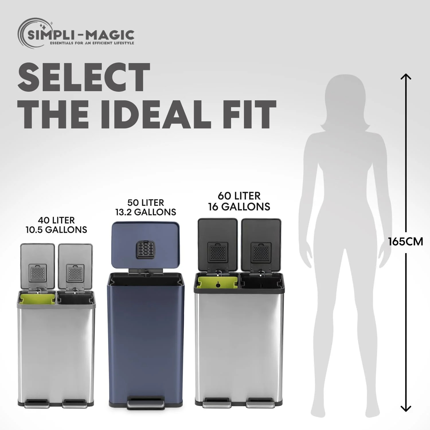 SIMPLI-Magic 13.2 Gallon/50 Liter. Kitchen Trash Can. Stainless Steel. Step-On Garbage Bin with Removable Inner Bucket for Kitchen. Office. and Bedroom. Blue