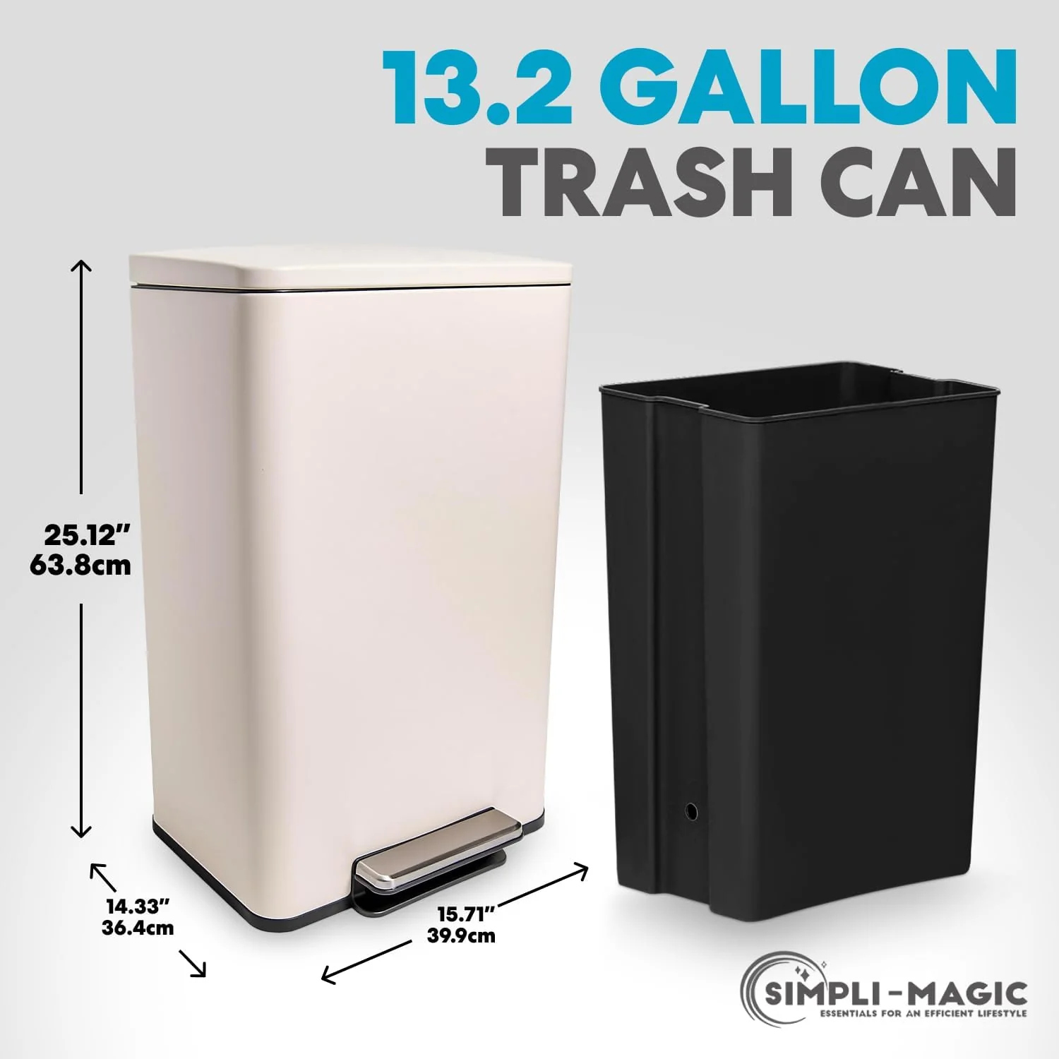 SIMPLI-Magic 13.2 Gallon/50 Liter. Kitchen Trash Can. Stainless Steel. Step-On Garbage Bin with Removable Inner Bucket for Kitchen. Office. and Bedroom. White