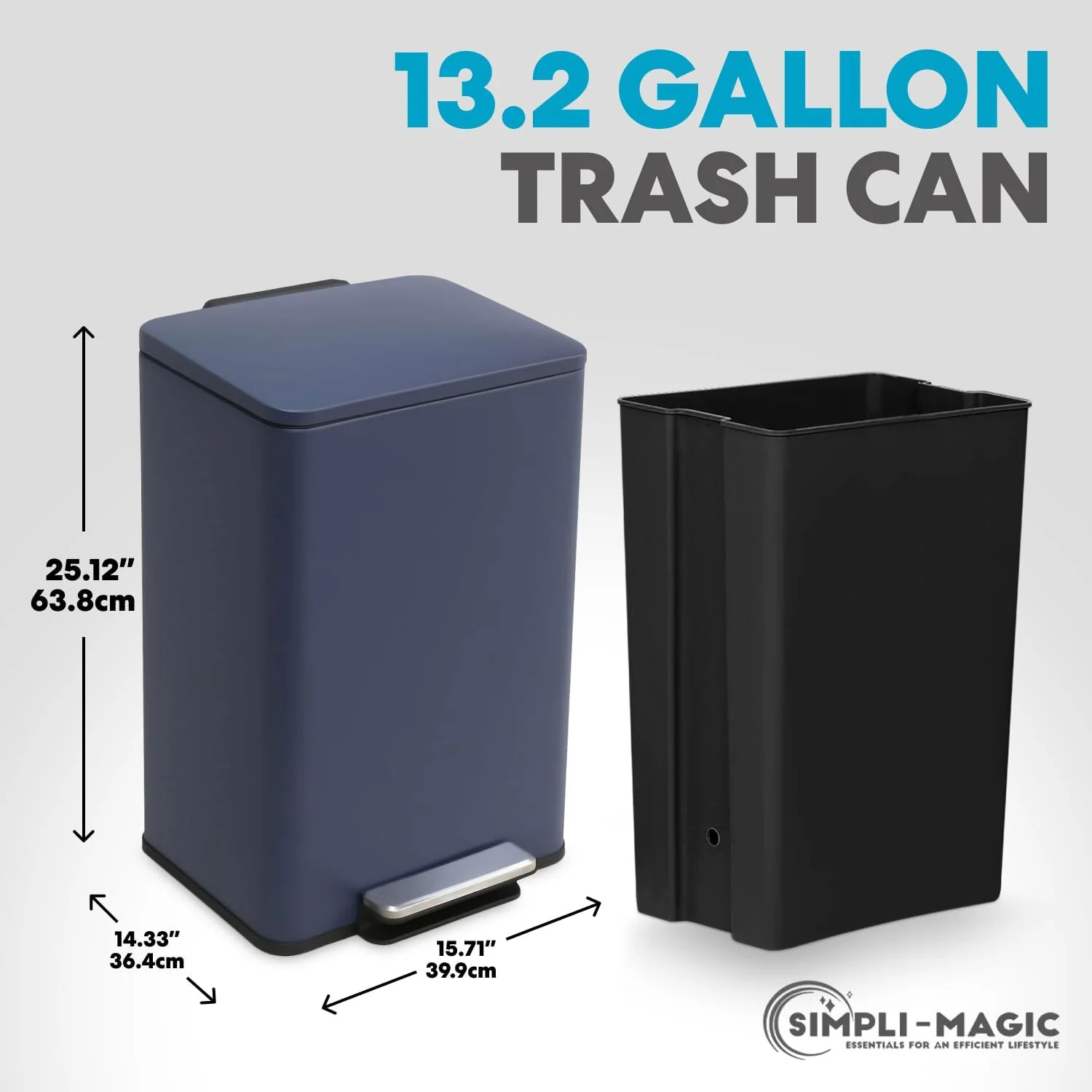 SIMPLI-Magic 13.2 Gallon/50 Liter. Kitchen Trash Can. Stainless Steel. Step-On Garbage Bin with Removable Inner Bucket for Kitchen. Office. and Bedroom. Blue