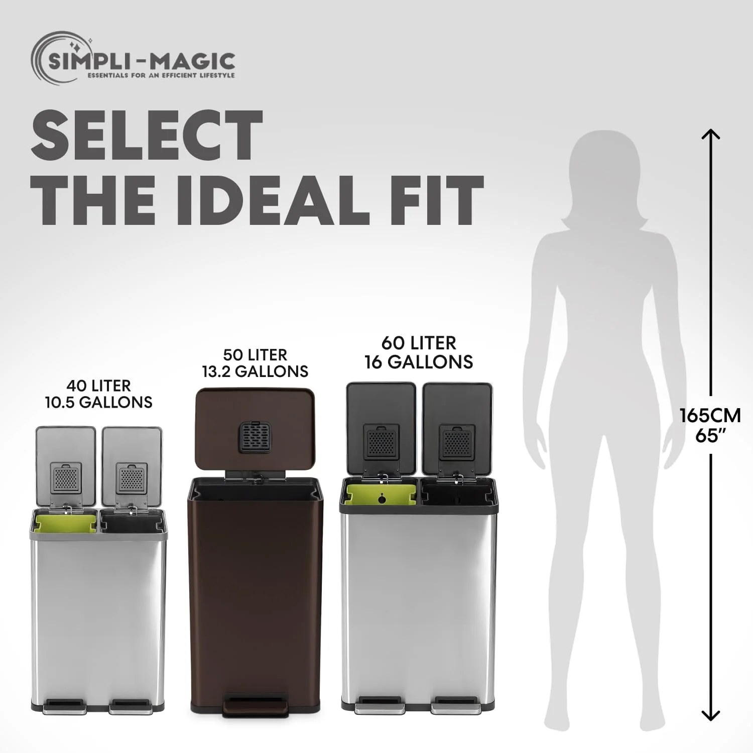 SIMPLI-Magic 13.2 Gallon/50 Liter. Kitchen Trash Can. Stainless Steel. Step-On Garbage Bin with Removable Inner Bucket for Kitchen. Office. and Bedroom. Brown