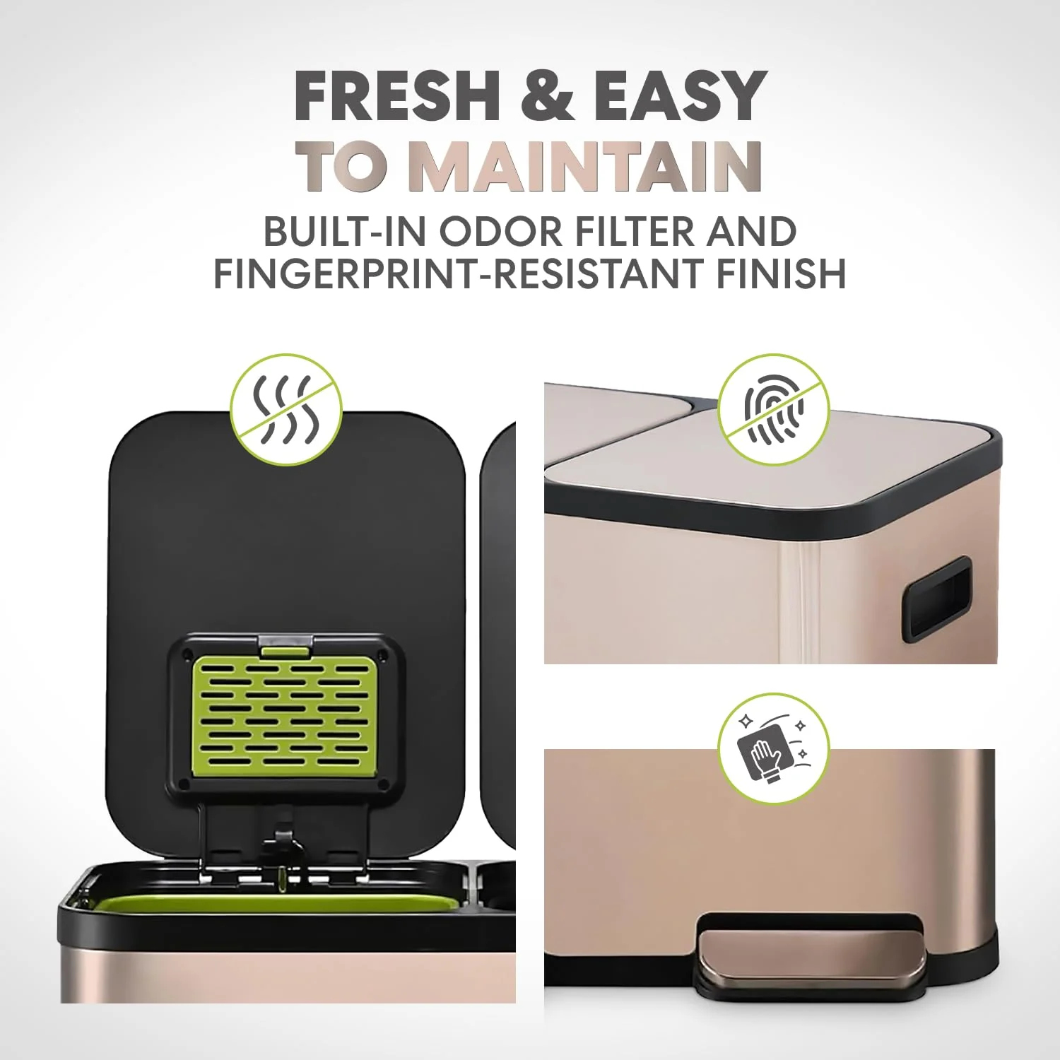 60 Liter / 16 Gallon Rectangular Hands-Free Dual Compartment Recycling Kitchen Step Trash Can with Soft-Close Single Lid. Stainless Steel (30L x 30L Capacity) Rose Gold