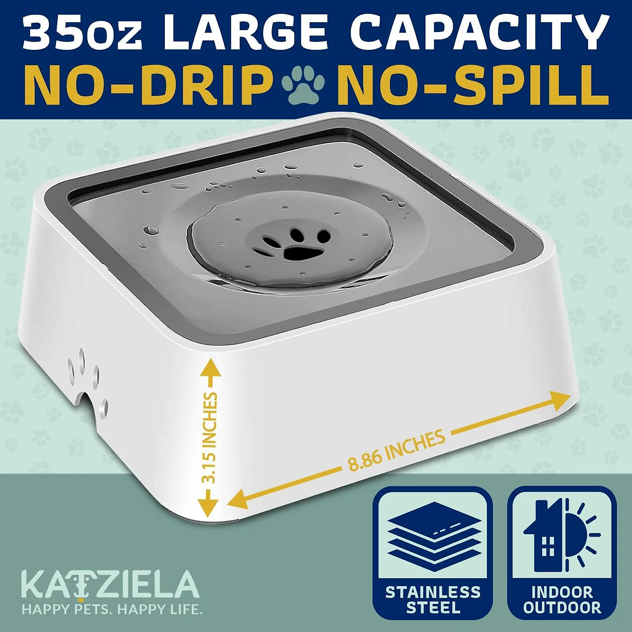 Katziela No Spill Dog & Cat Water Bowl – 35oz Slow Feeder. No Drip. Non-Slip Design