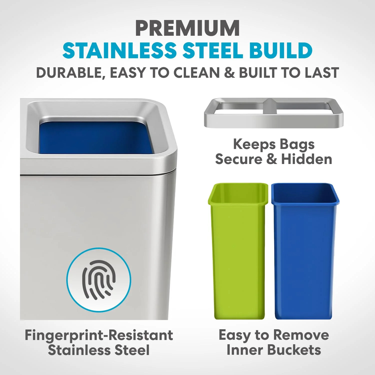70 Liter / 18.5 Gallon Rectangular Open Top Dual Compartment Recycling Trash Can. Stainless Steel (40L x 30L Capacity) Ideal for Restaurants. Coffee Shops. Gym and Households